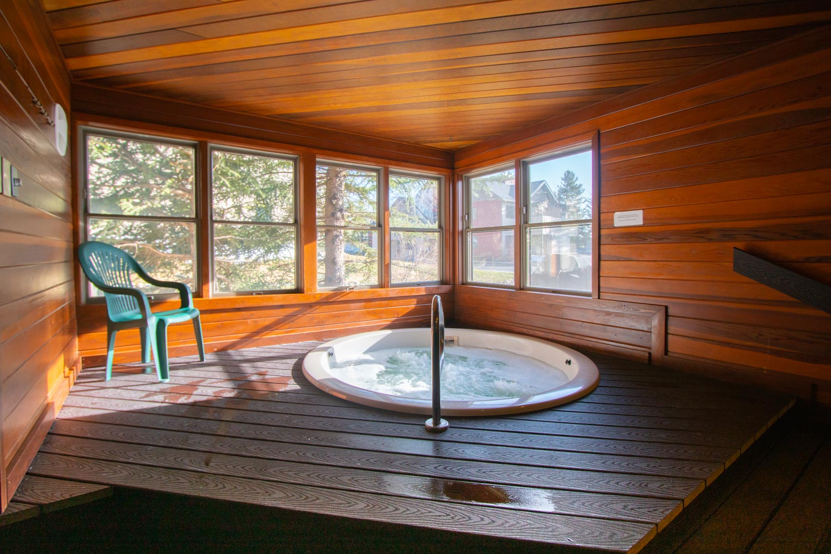 An indoor jacuzzi tub at VRI's Sunburst Resort in Steamboat Springs, CO.